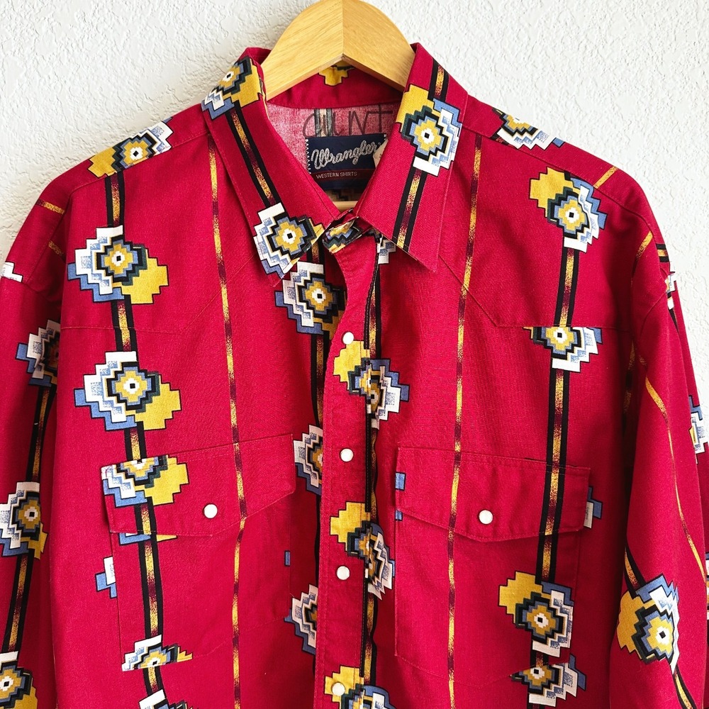 VTG Wrangler Mens Pearl Snap Southwestern Shirt XL Aztec Print Rodeo Cowboy 90s - Picture 2 of 9
